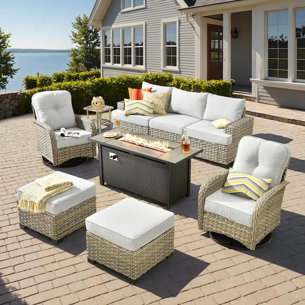 HOOOWOOO Kelleys 9-Piece Wicker Modern Outdoor Patio Fire Pit Conversation Sofa Set with Swivel Chairs and Light Grey Cushions