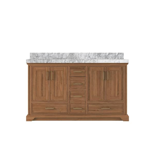 Willow Collections Charlotte Teak 60 in. W x 22 in. D x 36 in. H Double Sink Bath Vanity in Dark Natural with 2 in. Carrara Marble Top