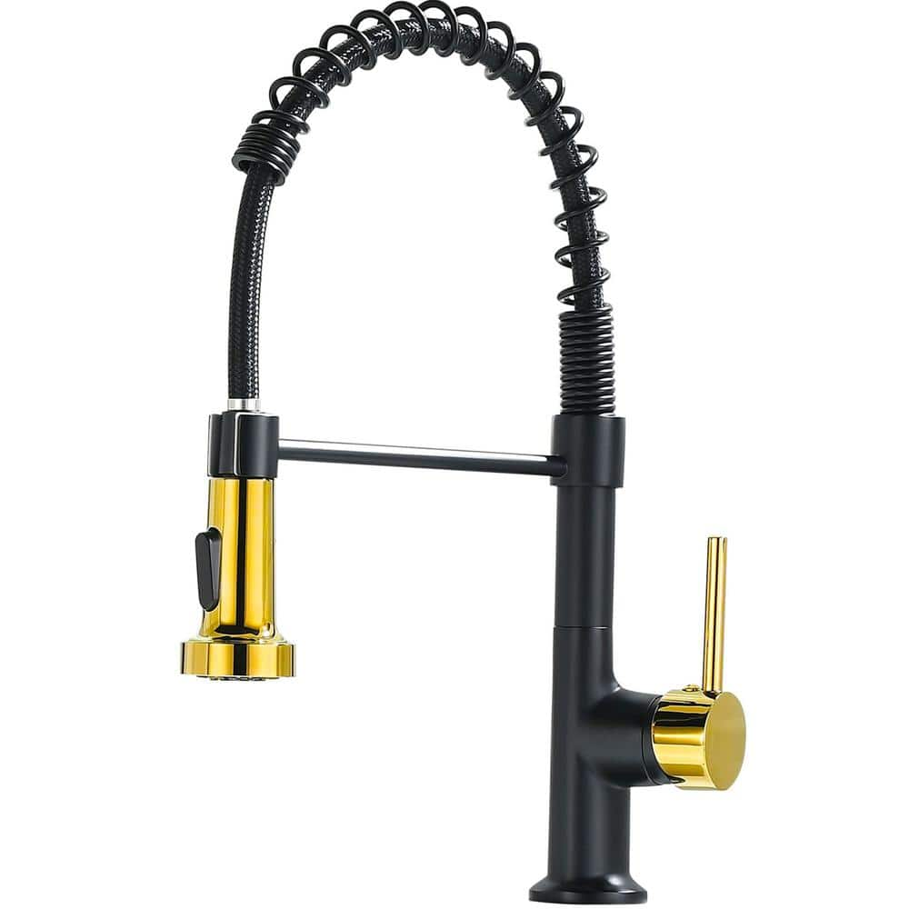 Single Handle Pull Down Sprayer Kitchen Faucet with Advanced Spray Spring Brass Kitchen Tap in Matte Black&Polished Gold -  AIMADI, KI-0064-MB&PG