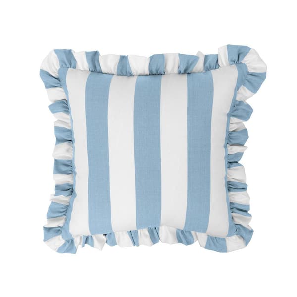 Cabana Stripe Sky Blue/White 18 in. Filled Square Ruffle Outdoor Throw Pillow
