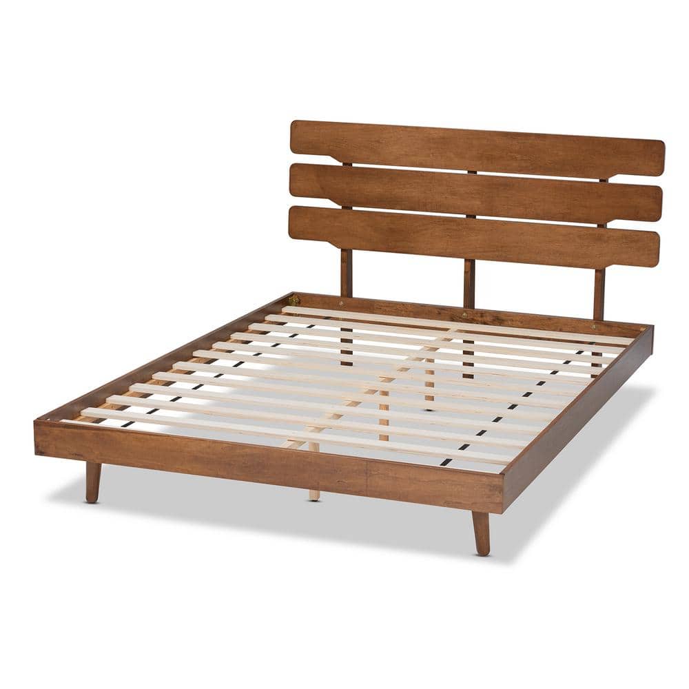 Queen Walnut Rubberwood Platform Bed with Slatted Headboard