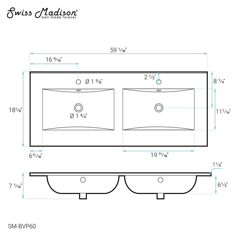 White Ceramic Double Vanity Top Bathroom Sink, 60 Inch