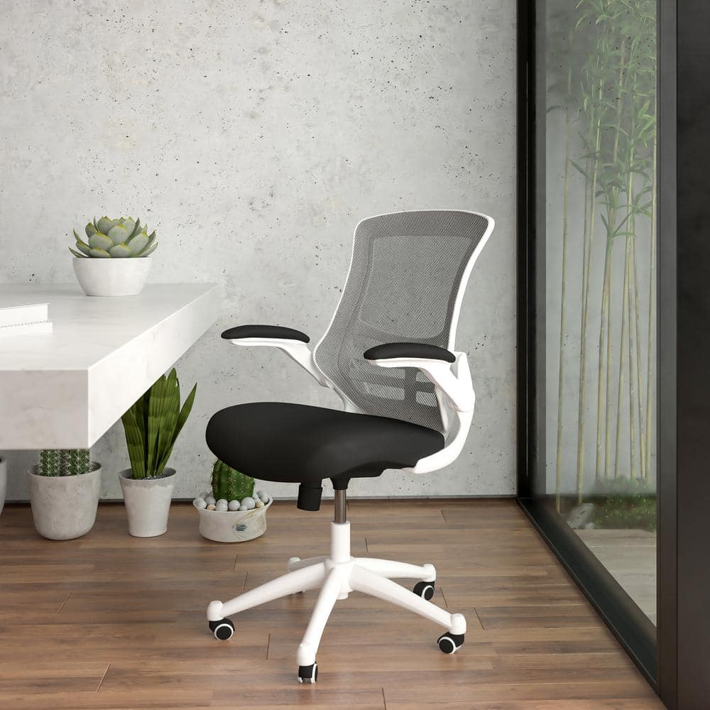 Kelista Mid-Back Mesh Swivel Ergonomic Task Office Chair in Black/White Frame with Flip-Up Arms