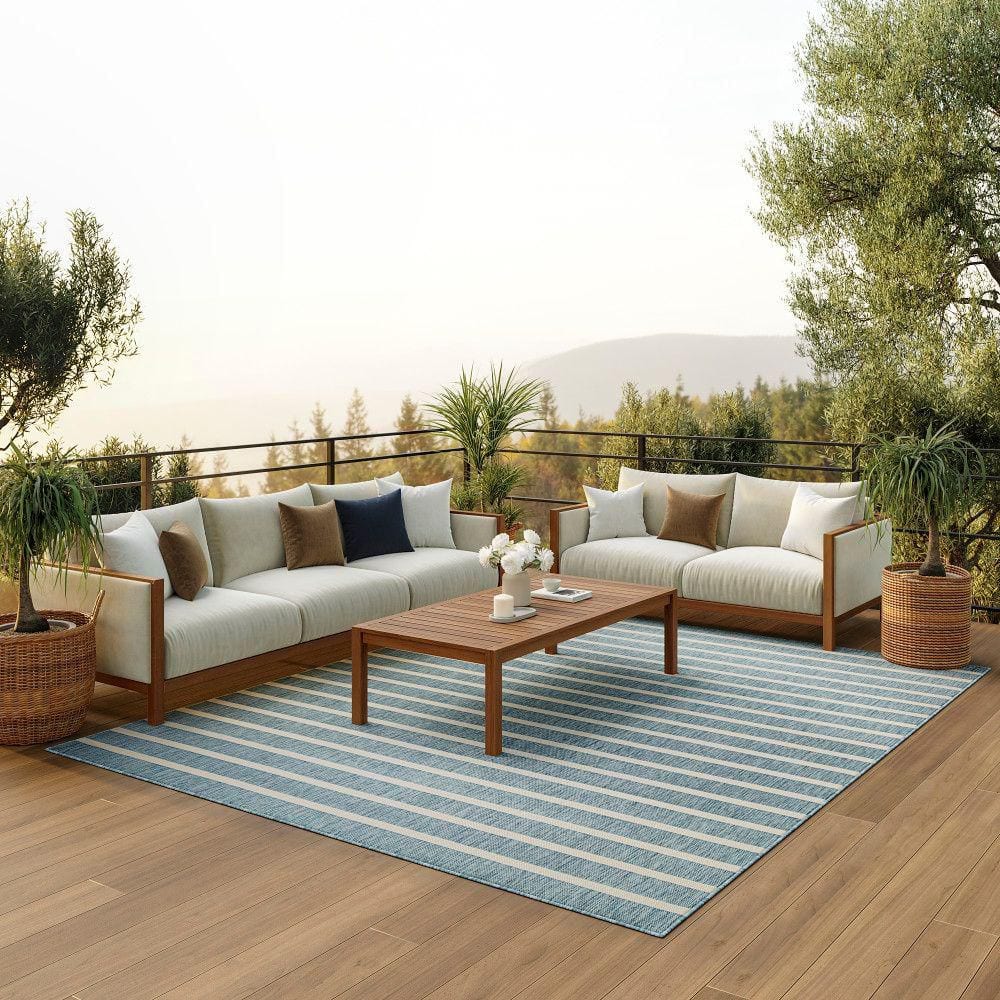 Aqua Ivory 8' x 10' Striped Synthetic Flatweave Rug