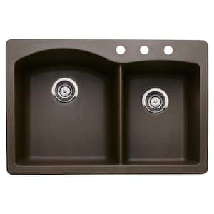 Diamond Dual-Mount Granite 33 in. 3-Hole 60/40 Double Bowl Kitchen Sink in Cafe Brown