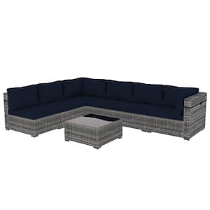 7-Piece Gray Wicker Patio Conversation Set with Navy Blue Cushions and Coffee Table