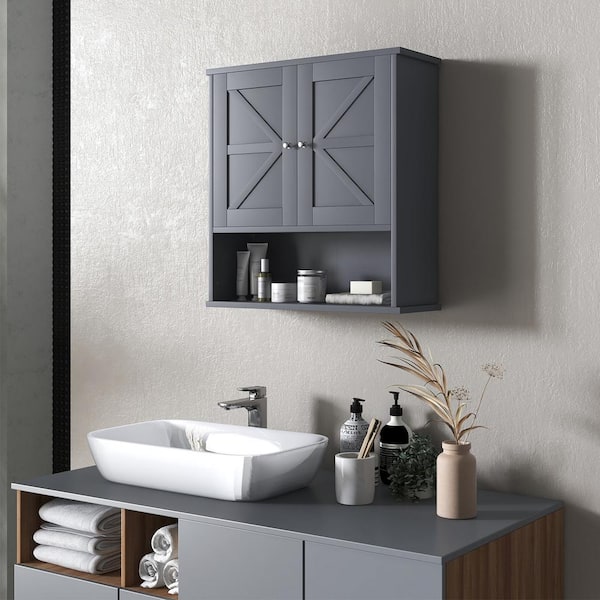 22.75 in. W x 24.25 in. H Rectangular Gray MDF Surface Mount Medicine Cabinet without Mirror With Open Shelf