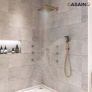 Luxury Thermostatic 3-Spray Patterns 12 in. Flush Wall Mount Rainfall Dual Shower Heads with 6-Jets in Brushed Gold