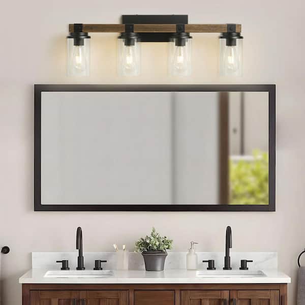 29.5 in. 4-Light Black and Brown Wood Farmhouse Rustic Clear Glass Vanity Light