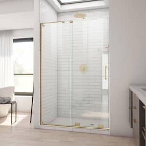 Mirage-X 48 in. W x 72 in. H Sliding Semi-Frameless Shower Door in Brushed Gold with Clear Glass