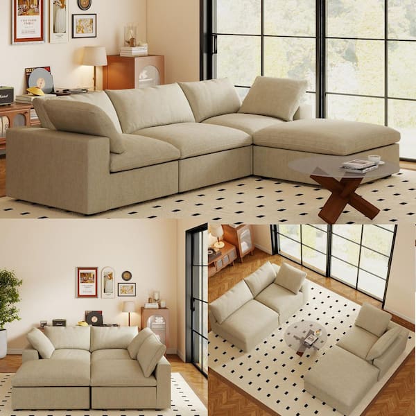 120.45 in. W Square Arm Linen L-Shaped 4-Pieces Modular Free Combination Sofa with Storage Ottoman in Brown