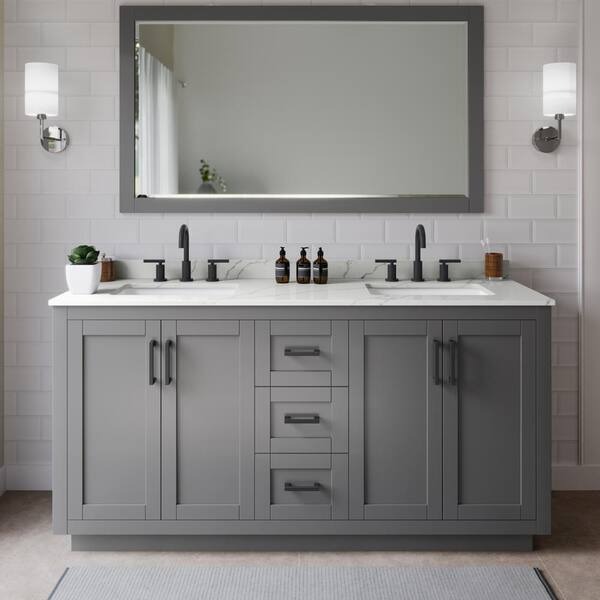 Wyndham Collection Miranda 66 in. W x 22 in. D x 33.75 in. H Double Bath Vanity in Dark Gray with Giotto Quartz Top and 58 in. Mirror