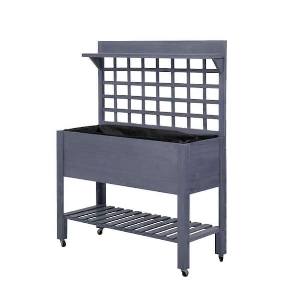 40 in. Inner Length Grey Wood Rectangle Outdoor Raised Bed Raised Planter Boxes with Trellis on Wheels (1-Pack)
