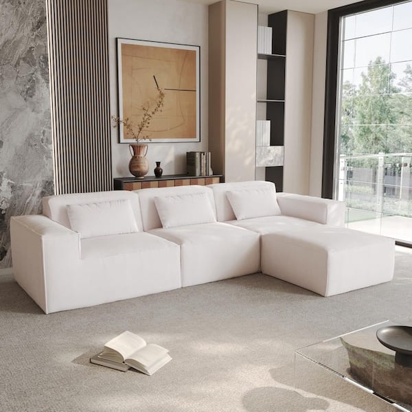 118 in. Square Arm Corduroy L-Shaped 4-Piece Modular Sectional Sofa in Beige with Ottoman