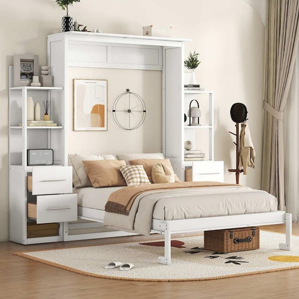 Polibi White Wood Frame Full Murphy Bed with Shelves, Drawers and LED Lights