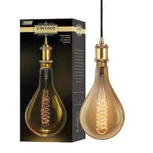 4-Light Brass Hardwire Pendant Fixture W/ PS52 Dimmable Oversized Amber Glass E26 Vintage Edison Incandescent Light Bulb
