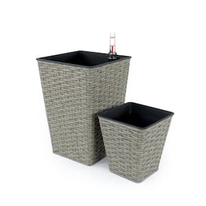 Gray Hand Woven Wicker and Plastic Smart Self-Watering Square Planter for Indoor and Outdoor (2-Pack)