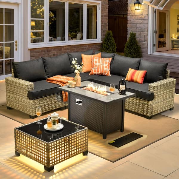 HOOOWOOO Kelleys 7-Piece Wicker Outdoor Patio Conversation Sofa Sectional Set with a Fire Pit and Black Cushions