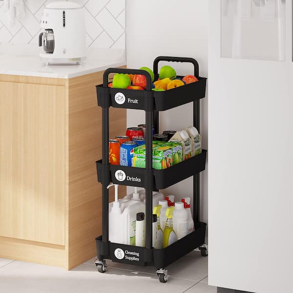 3-Tier Black Storage Organizer with Wheels and Classified Stickers, Utility Storage Carts for Bathroom, Laundry, Kitchen