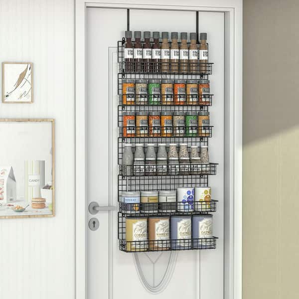 Black 4.7 in. x 16.8 in. x 6.7 in. Carbon Steel 6-Tier Spice Rack Organizer with Door Hook, Wall Mounted Over the Door