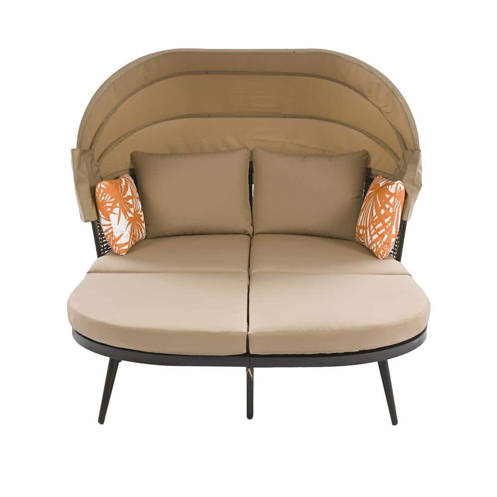 74.8 in. Wicker Outdoor Day Bed with Retractable Canopy, Pillows and Brown 