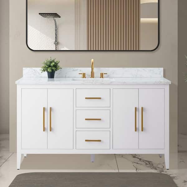 60 in. W x 22 in. D x 34 in. H Single Sink Bathroom Vanity Cabinet in White with Engineered Marble Top in White