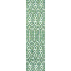 Ourika Moroccan Ivory/Green 2 ft. x 10 ft. Geometric Textured Weave Indoor/Outdoor Area Rug