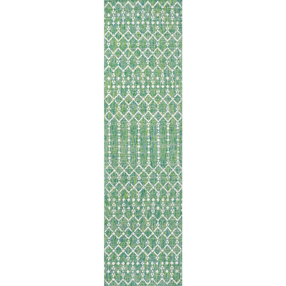 Green and Ivory Geometric Flat Woven Runner Rug