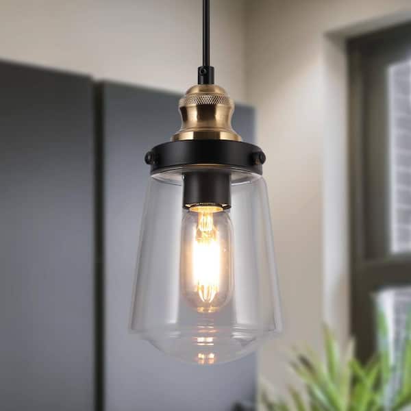 Modern Kitchen Island Chandelier Pendant Light 1-Light Black and Brass Cylinder Pendant Light with Clear Glass Shade