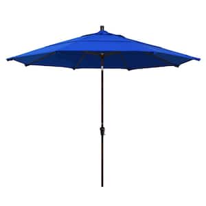 11 ft. Bronze Aluminum Pole Market Aluminum Ribs Auto Tilt Crank Lift Outdoor Patio Umbrella in Pacific Blue Sunbrella