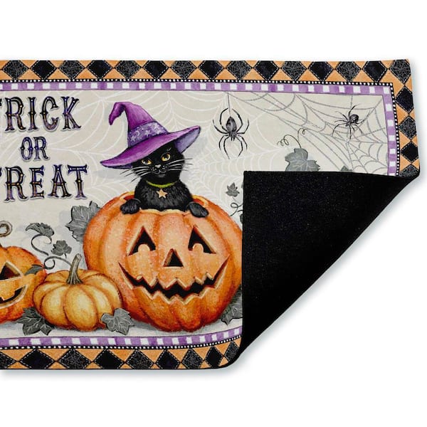 Vintage Halloween Cat & Pumpkins Orange 18 in. x 30 in. Polyester Non-Slip Outdoor Door Mat