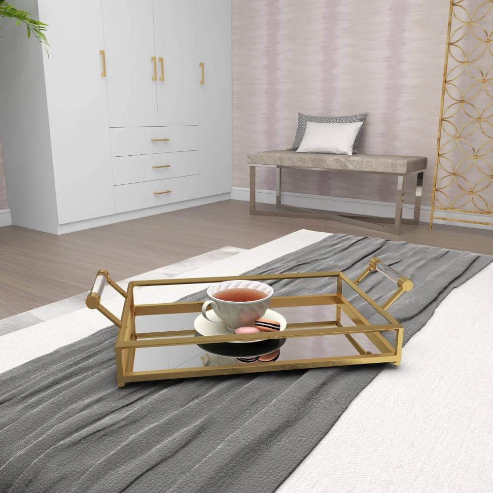 Gold Metal Mirrored Decorative Tray with Acrylic Handles