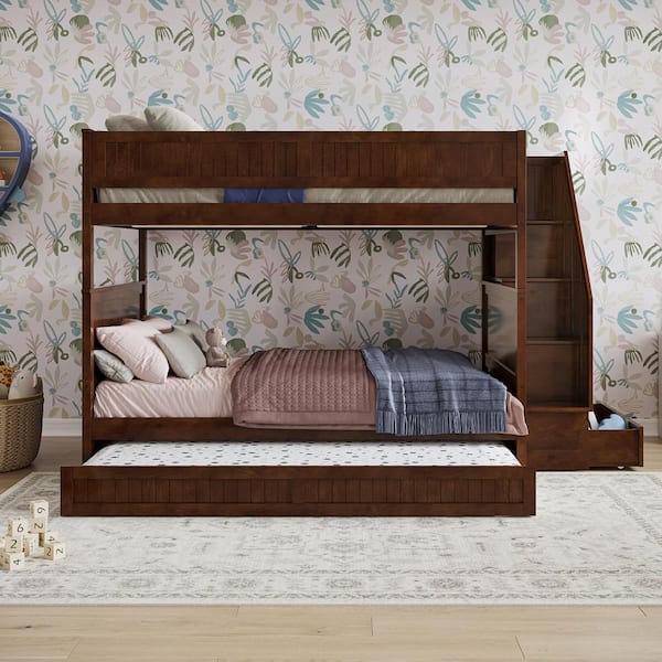 Dover Walnut Brown Solid Wood Frame Full Over Full Staircase Bunk Bed with Storage Drawer and Twin Trundle