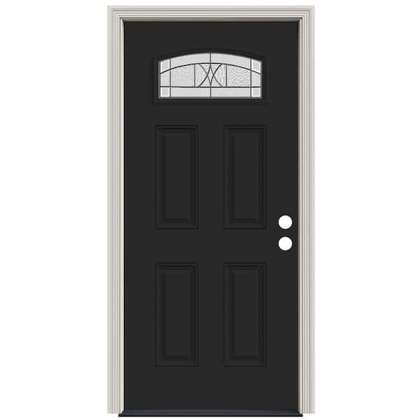 JELD-WEN Smooth Pro 36 in. x 80 in. 4 Panel Right Hand Camber Top Tryon Chestnut Bronze Fiberglass Prehung Front Door
