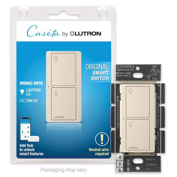 Lutron Caseta Smart Switch for Lights or Fans, 6 Amp, Push Button Light Switch Neutral Wire Required, Light Almond (PD-6ANS-LA)