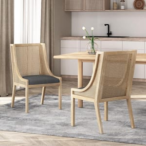 Hamel Charcoal and Teak Fabric, Cane, and Wood Dining Chair (Set of 2)