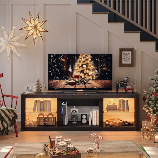 Bestier 71 in. Modern LED TV Stand in Marbel Black with Open Storage and Adjustable Shelves