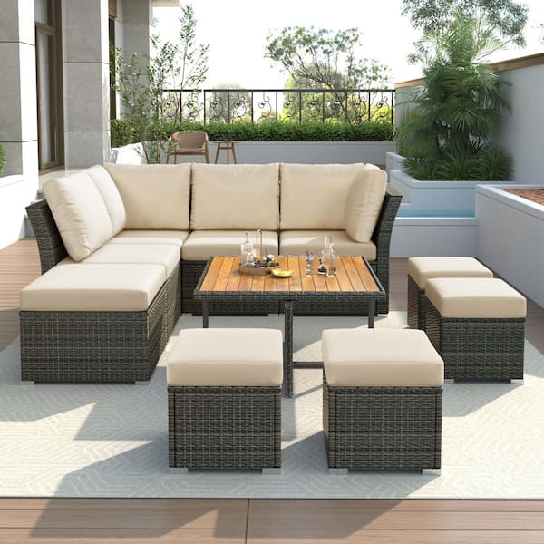 Sudzendf 10 pc Patio Furniture Set, Solid Wood Outdoor Sectional Conversation Sets with Beige Cushions for Lawn, Garden, Backyard