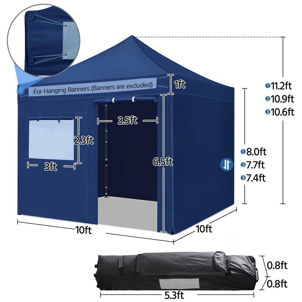 Navy Blue 10 ft x 10 ft Adjustable Height Pop-Up Canopy Tent