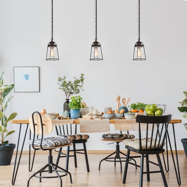 Farmhouse Black Kitchen Pendant Light, Maya 1-Light Modern Industrial Bronze Pendant Light with Caged Seeded Glass Shade