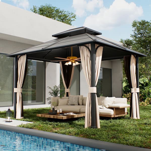 10 ft. x 12 ft. Hardtop Outdoor Gazebo with Double Galvanized Steel Roof, Included Mosquito Netting and Curtains