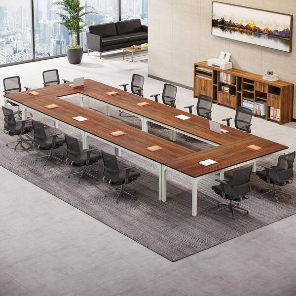 BYBLIGHT Moronia 78.74in. 6PCS Walnut and White Conference Room Table, Long Office Desk, Seminar Meeting Table Desk for Boardroom