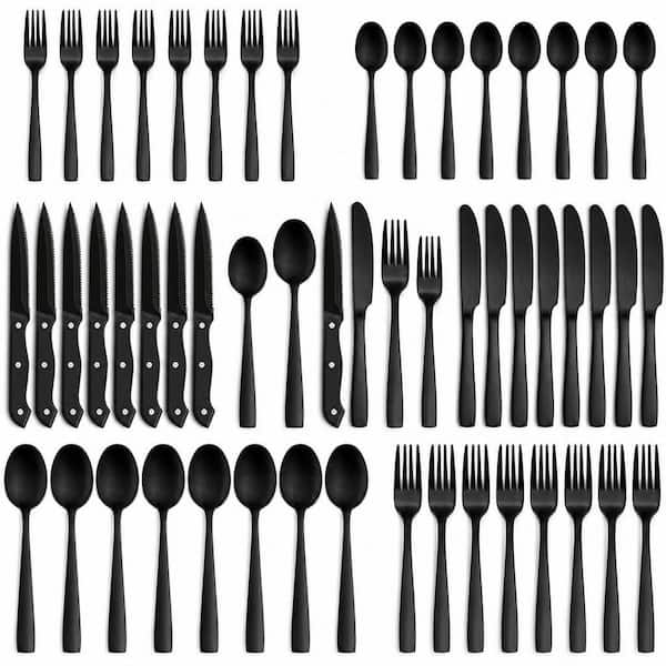 48-Piece Matte Black Flatware Set, Stainless Steel Kitchen Utensil Set, Modern Tableware Service for Dining
