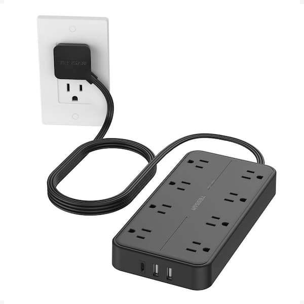 Black 8-Outlets 3 USB Ports Power Strip with Surge Protection, 1080 Joules Protection, Wall Mountable Charging Station