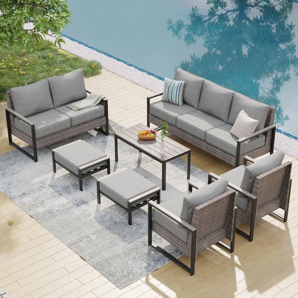 7 Pieces Patio Conversation Set Sofa Set with Coffee Table Gray PE Wicker with Linen Grey Cushion