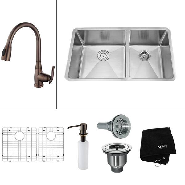 KRAUS All-in-One Undermount Stainless Steel 33 in. Double Basin Kitchen Sink with Faucet and Accessories in Oil Rubbed Bronze