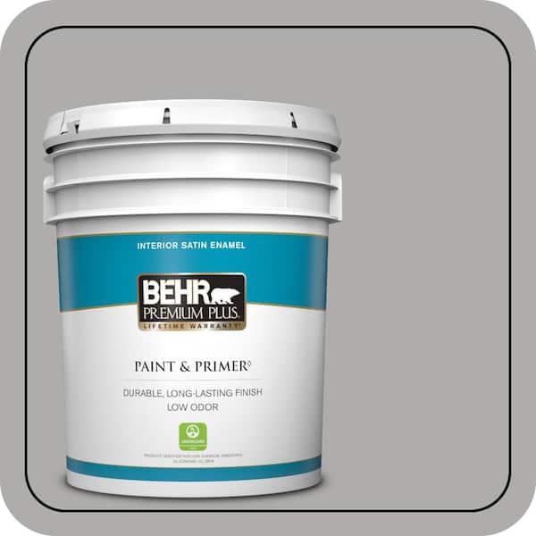 BEHR PREMIUM PLUS 5 gal. #N520-3 Flannel Gray Satin Enamel Low Odor Interior Paint & Primer