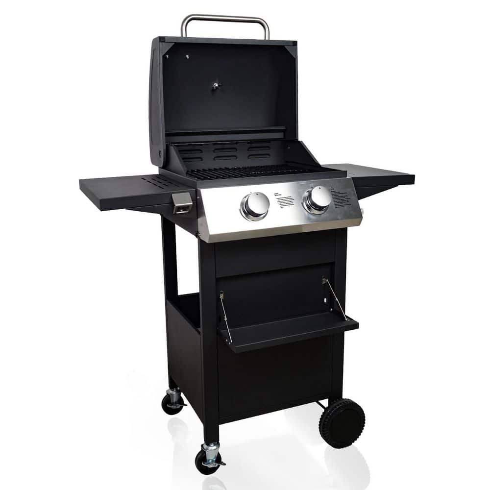 2-Burner Propane Gas BBQ Grill, Outdoor Pizza Oven 30000BTU Output with Built-In Thermometer, Folding Side Table