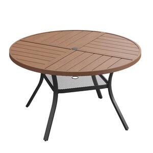 47.2 in. Walnut Round Metal Outdoor Dining Table with Umbrella Hole for Patio Garden