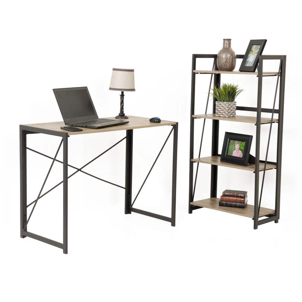 Sewn Oak Laminate No-Tool Writing Desk with Black Metal Legs